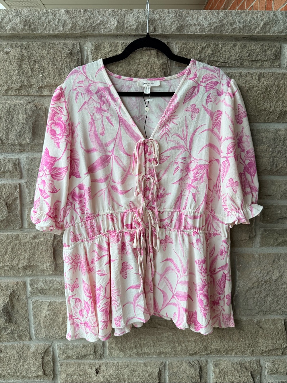 NWOT Haver & Blair Pink Floral Linen Blend Tie Front Peplum Blouse Peasant Top 1